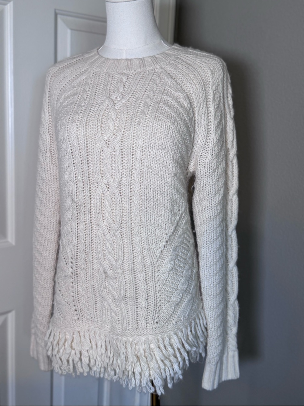 Banana Republic Cream Cable-Knit Fringe Crew Sweater